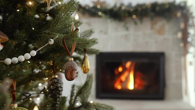 Christmas tree against burning fireplace in modern farmhouse. Stylish decorated christmas tree with vintage baubles and festive lights on background of fireplace. Atmospheric holiday footage