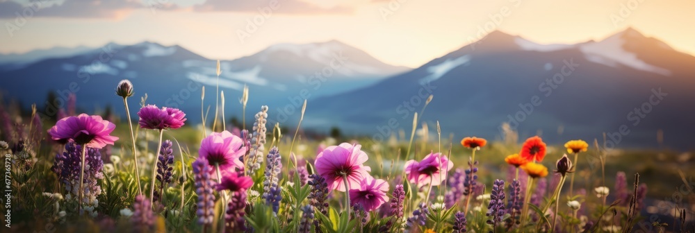 Wall mural panoramic view of wild flower field in wild with variable colors and snow mountain background in spr