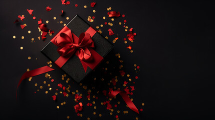 Black Gift Box. Festive Black Friday surprise! Top view black gift box, adorned with vibrant red ribbon, surrounded by golden star-shaped confetti, set against rich marsala backdrop. Decor concept