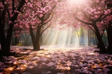 Foggy beautiful blooming cherry blossom woods with sun light ray and with pink petals in air and on ground in Spring. Spring seasonal concept.