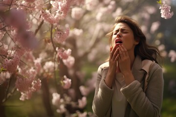 A female sneeze in a booming cherry blossom woods in Spring due to pollen allergy. Spring seasonal concept.