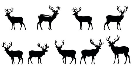 A deer with horns, a minimalist drawing, a vector set on a transparent background for a stencil
