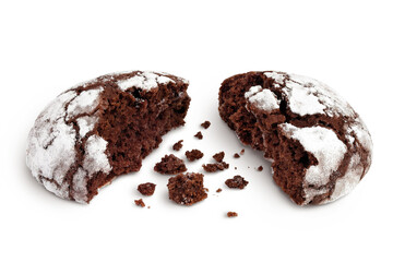 Chocolate brownie cookie broken isolated on white background with full depth of field