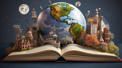 Book on the table, Fantasy magic 3D world in open book at sleep time, .reading books, Wonderland, miniature, tiny child tale story about the globe, read the globes, ecology, sustainable nature
