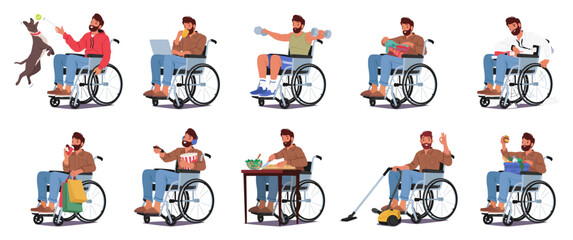 Isolated Set Of Disabled Man In Wheelchair Tackles Household Chores. Male Character Shopping, Playing With Dog