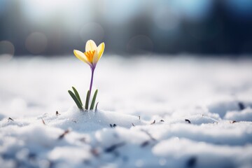 Close-up view of wild flower growing out from snow in early Spring. Spring seasonal concept.