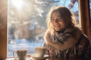 A graceful lady enjoy coffee in a coffee shop in freezing sunny winter. Winter seasonal concept.