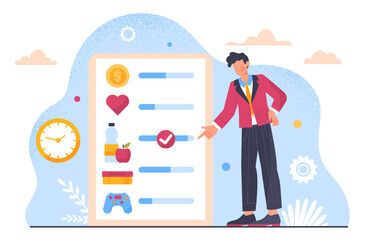 Man with life priorities. Young guy with list of solution, decisions. Money, food, health, education and entertainment. Cartoon flat vector illustration isolated on white background