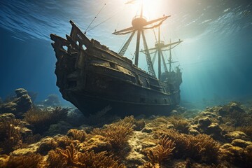 A diver explore a ship wreck underwater at the bottom of the sea.