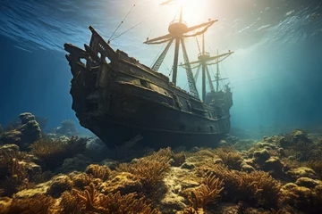 Foto op Plexiglas Schipbreuk A diver explore a ship wreck underwater at the bottom of the sea.