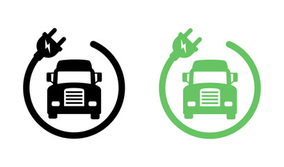 Electric Truck Icon In Front View With Plug. Electrical Charging Station Symbol. Green Vehicle Transportation Icons Silhouette. Heavy Vehicle Transport With Eco Green Electricity. Electric Lorry Icon - obrazy, fototapety, plakaty