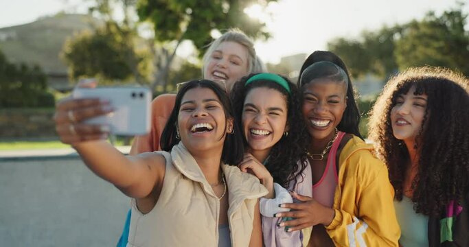 Selfie, women and friends with blowing kiss, smile and outdoor for social media, funny face and gen z. Technology, internet and post online for friendship, city or bonding for memories, silly or joke