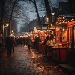 Naklejka premium A Christmas market sprawls beneath a sea of twinkling lights. Colorful string lights adorn the stalls, while glowing lanterns create a warm ambiance. 