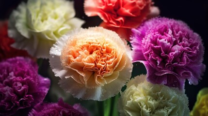 Colorful carnation flowers with water droplets on petals. Marigold. Mother's Day. Valentine day concept with a copy space.