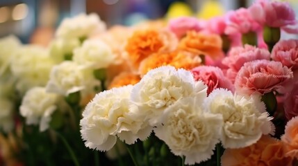 colorful carnation flower in basket with bokeh background. Beautiful Carnation Flowers. Marigold....