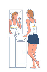 Ordinary day of woman doodle concept. Young girl brushing teeth. Healthy routine and hygiene. Minimalistic creativity and art. Cartoon flat vector illustration isolated on white background
