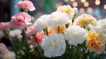 Colorful carnation flowers in the garden with bokeh background. Marigold. Mother's Day. Valentine day concept with a copy space.