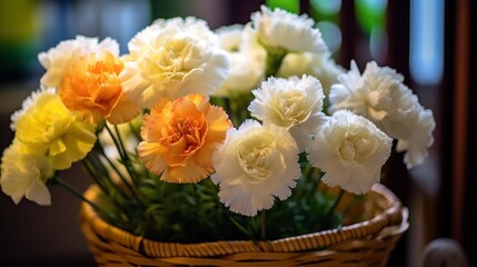 Naklejka na ściany i meble Bouquet of white and orange carnation flowers in a basket. Marigold. Mother's Day. Valentine day concept with a copy space.