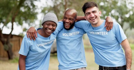 Happy man, volunteer and hug in nature for teamwork, eco environment and unity together. Portrait of men or diverse group in huddle for support, community or trust for cleaning pollution in the park