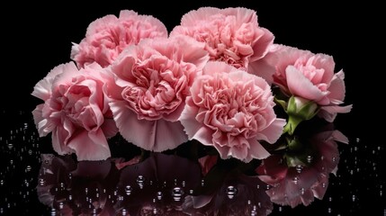 Bouquet of pink carnations on a black background with water drops. Marigold. Mother's Day. Valentine day concept with a copy space.
