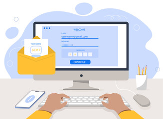 Authentication to website concept. Man sitting near computer with open webpage. Authentification and security system. Protection of personal users data. Cartoon flat vector illustration