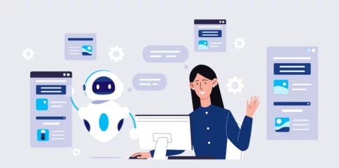 Fotobehang Woman with automated software concept. Yopung girl near bot and corporate servers. Modern technologies and innovations. Artificial intelligence and machine learning. Cartoon flat vector illustration © Rudzhan