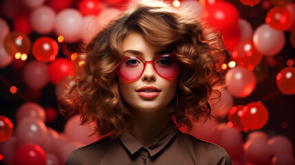 Close up portrait of young beautiful woman with curly hair, soft light, surrounded by red bubbles , ai generated