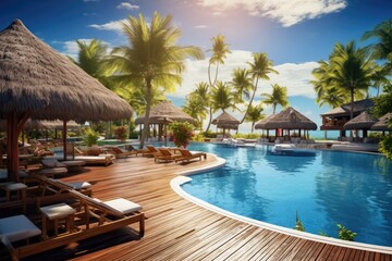 Luxury hotel and resort at sea beach in tropical sea. - obrazy, fototapety, plakaty