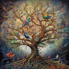 Fairy Tree In Mystic Forest. Colorful tree with curved branches and birds on abstract background. Fantasy nature concept