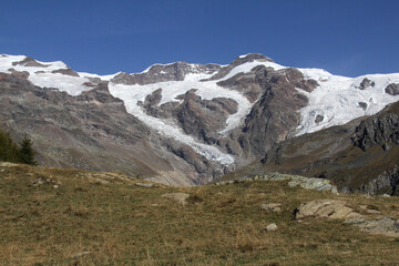 Fototapeta na wymiar i ghiacciai del Monte Rosa dall'alpeggio di Sant'Anna; alta Valle di Gressoney