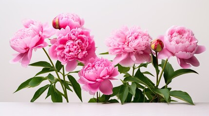 Obraz na płótnie Canvas Bright pink peonies on a crisp white sheet. Gorgeous floral arrangement. 