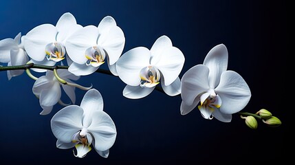 Elegant white orchids laid out on a deep blue matte background. Wallpaper texture, card, book cover...