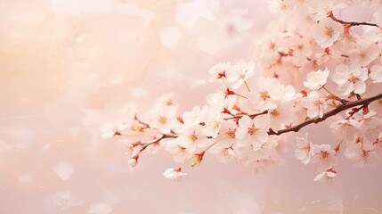 Sprays of delicate cherry blossoms on a pastel peach canvas. Delicate wallpaper texture, backgrounds graphics. 