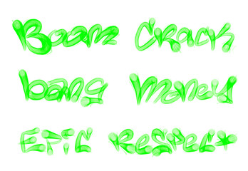 Collection of graffiti street art tags with words and symbols in light green color on white background