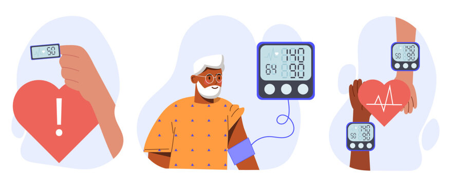 Blood pressure set. Health care and treatment, medicine. Elderly man with medical equipment. Pensioner checking his pulse, heartbeat. Cartoon flat vector collection isolated on white background