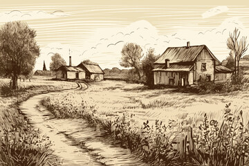 Ancient Eastern European farmstead depicted in a hand-drawn vector. Authentic pen and ink artwork on antique paper. calm, tranquil landscape painting in black and white. card, picture, backdrop. - obrazy, fototapety, plakaty