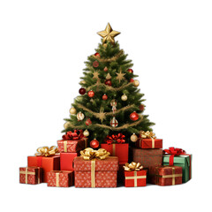 Presents under a decorated tree isolated on transparent or white background, png