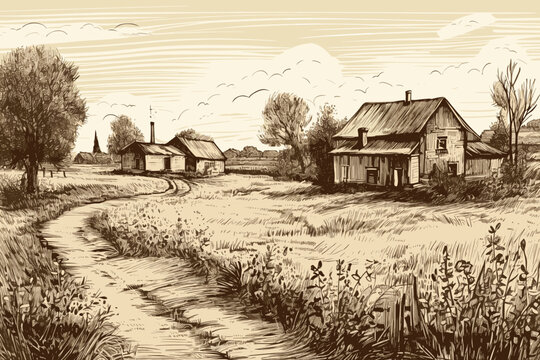 Ancient Eastern European farmstead depicted in a hand-drawn vector. Authentic pen and ink artwork on antique paper. calm, tranquil landscape painting in black and white. card, picture, backdrop.