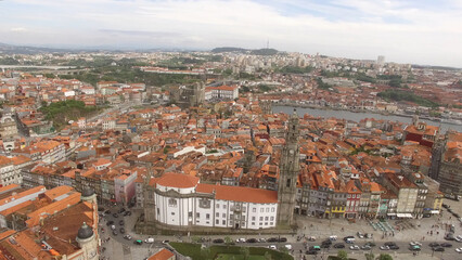 Fototapeta na wymiar Aerial Photography of Clérigos Tower in Porto City, Portugal. Famous Place. Travel Destination