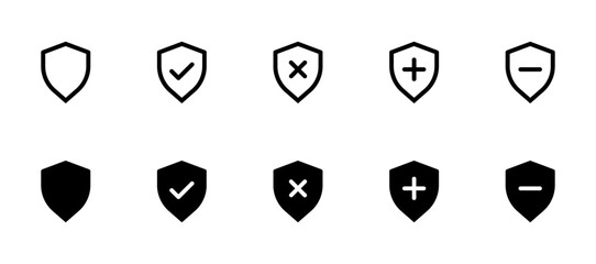sheild icons. sheild verified, add, remove, minus icon. Editable Stroke. Line, Solid, Flat Line, and Suitable for Web Page, Mobile App, UI, UX design. - obrazy, fototapety, plakaty