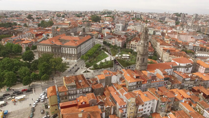 Fototapeta na wymiar Aerial Photography of Clérigos Tower in Porto City, Portugal. Famous Place. Travel Destination