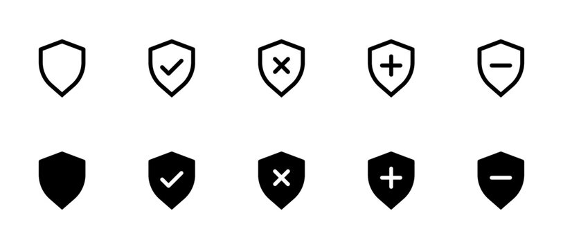 sheild icons. sheild verified, add, remove, minus icon. Editable Stroke. Line, Solid, Flat Line, and Suitable for Web Page, Mobile App, UI, UX design.