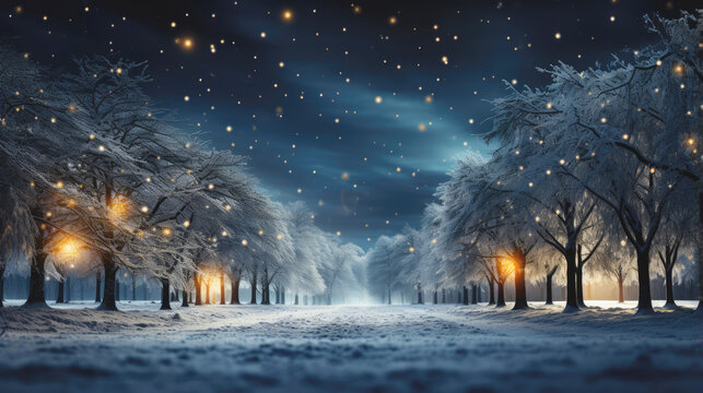 Starry Winter Night: A Mesmerizing Pathway Lined with Snow-Covered Trees and Glowing Lights Under a Celestial Sky