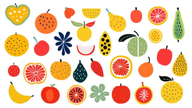 Fruits abstract style. Contemporary fruit design, various forms of citrus, banana apples and pears. Decorative vector graphic elements clipart