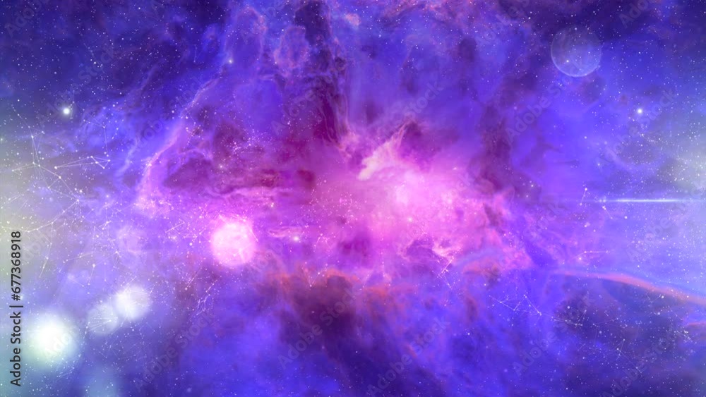 Wall mural looping animation of flying through glowing nebulae clouds and stars field. seamless loop galaxy exp