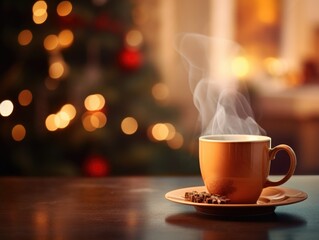 Obraz premium Close-up view of a cup of hot coffee on wood table at home with Christmas tree background bokeh in winter. Winter seasonal concept.