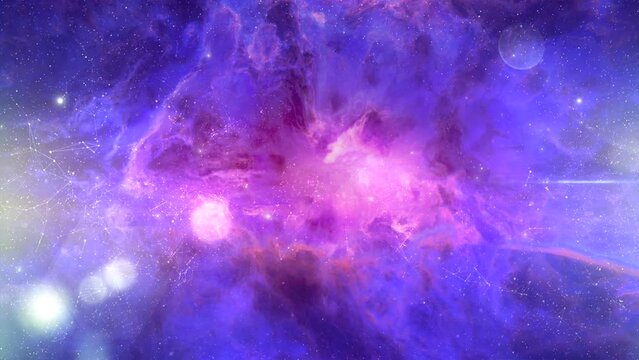 Looping animation of flying through glowing nebulae clouds and stars field. Seamless loop Galaxy exploration through outer space towards glowing Milky Way galaxy 