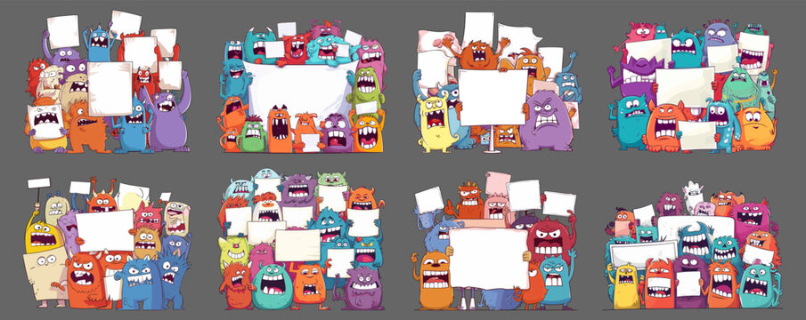 Cartoon funny monsters group with empty signs. Beasts manifestation white blank banners, spooky ogres demonstration with clean posters in hands isolated on white background