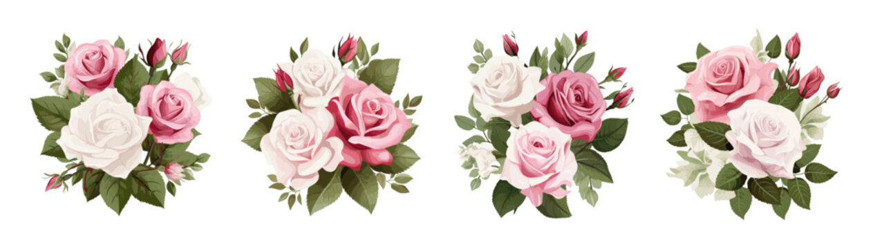 Cartoon roses bouquets, rose flowers with green leaves compositions. Decorative floral design, pink and white rosebuds vector isolated graphic