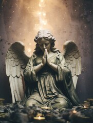 Fototapeta na wymiar Captivating image of a marble stone angel statue in prayer, evoking a sense of religious reverence and tranquility.